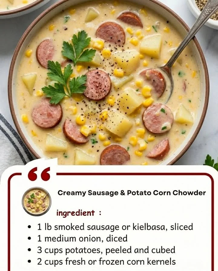 Bowl of creamy sausage and potato corn chowder topped with fresh herbs.
