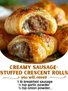 Creamy sausage-stuffed crescent rolls on a baking tray