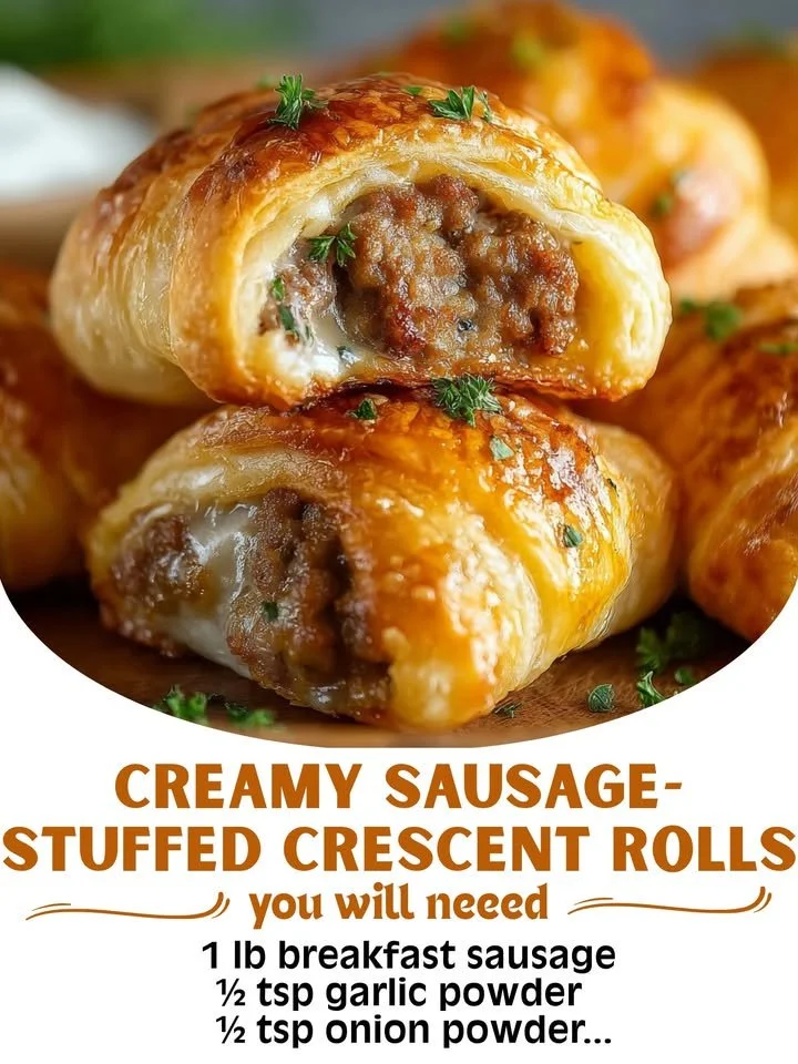 Creamy sausage-stuffed crescent rolls on a baking tray