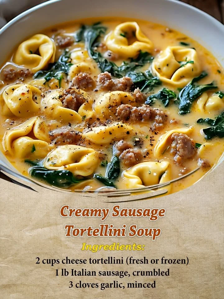 Bowl of creamy sausage tortellini soup with fresh herbs and spices