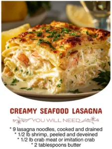 Creamy seafood lasagna with shrimp, scallops, and cheesy béchamel sauce