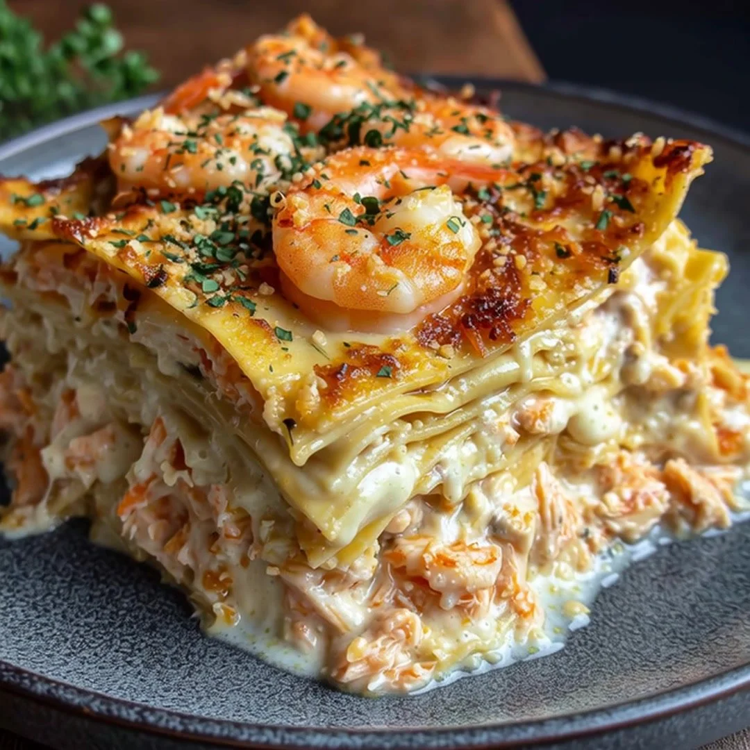 Creamy seafood lasagna topped with shrimp and crab for a delicious meal