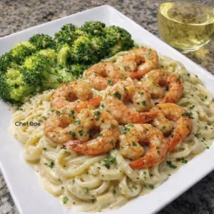 Creamy shrimp alfredo pasta with broccoli in a white sauce
