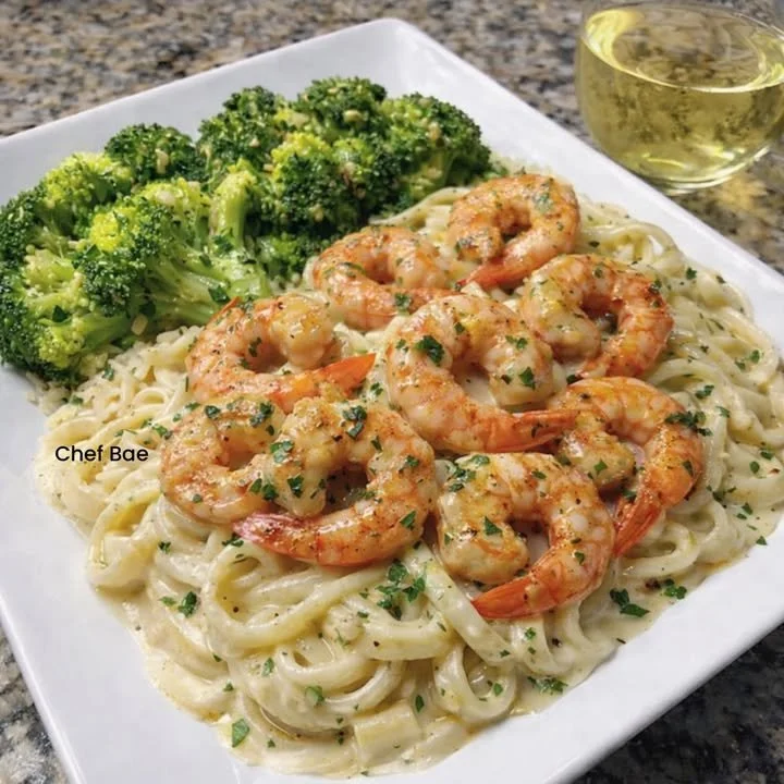 Creamy shrimp alfredo pasta with broccoli in a white sauce