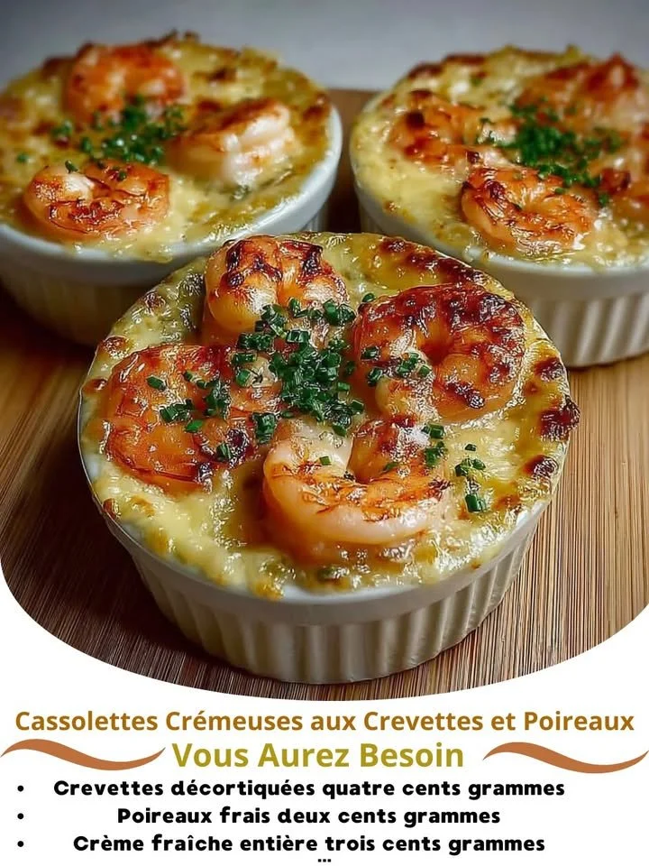 Creamy shrimp and leek casserole baked until golden and bubbly.