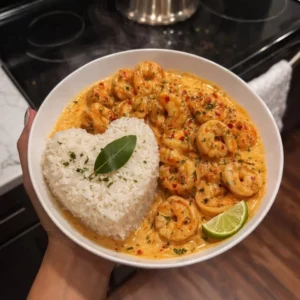 Creamy shrimp in spicy garlic sauce served with heart-shaped rice