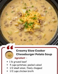 Creamy slow cooker cheeseburger potato soup served in a bowl with toppings