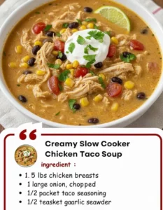 Bowl of creamy slow cooker chicken taco soup topped with cilantro and cheese