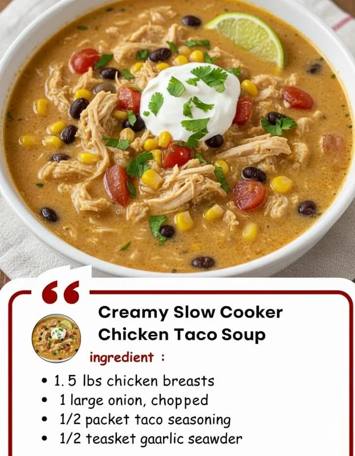 Bowl of creamy slow cooker chicken taco soup topped with cilantro and cheese