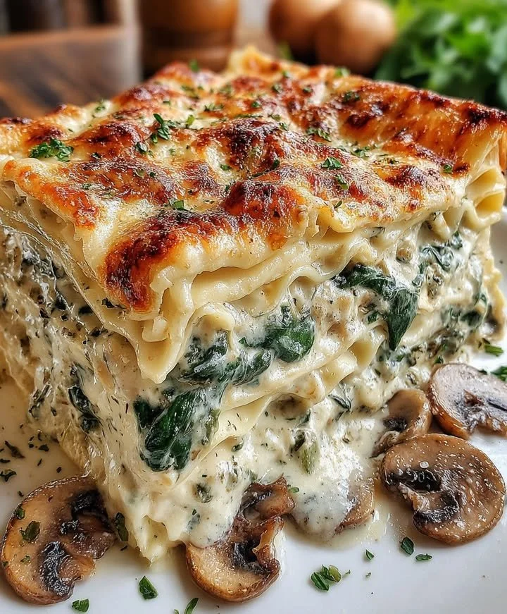 Creamy spinach mushroom lasagna layered with ricotta and mozzarella cheese