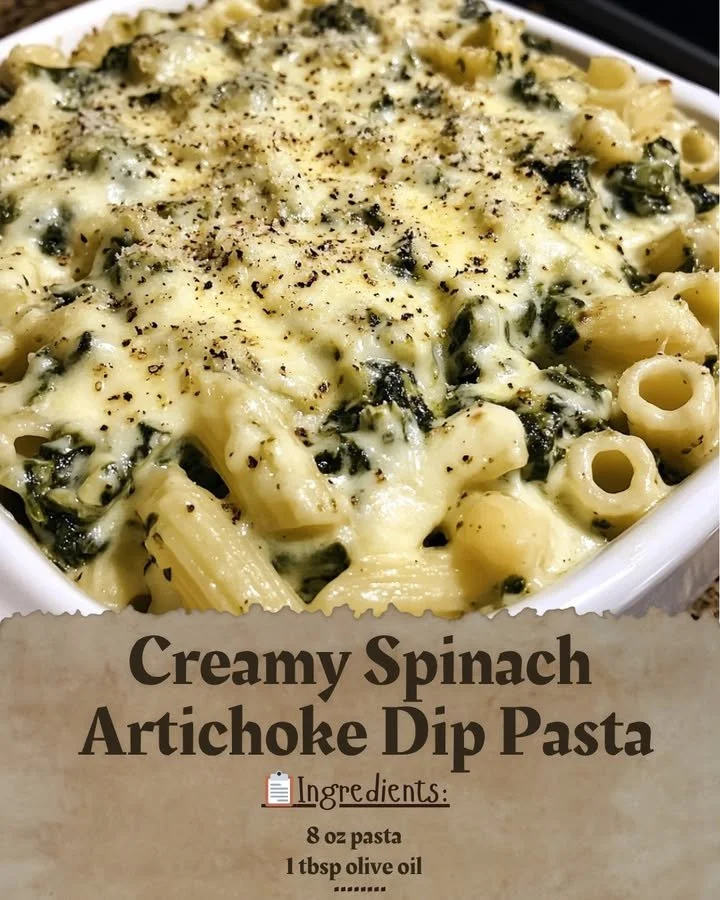Creamy spinach artichoke dip pasta in a bowl garnished with herbs.