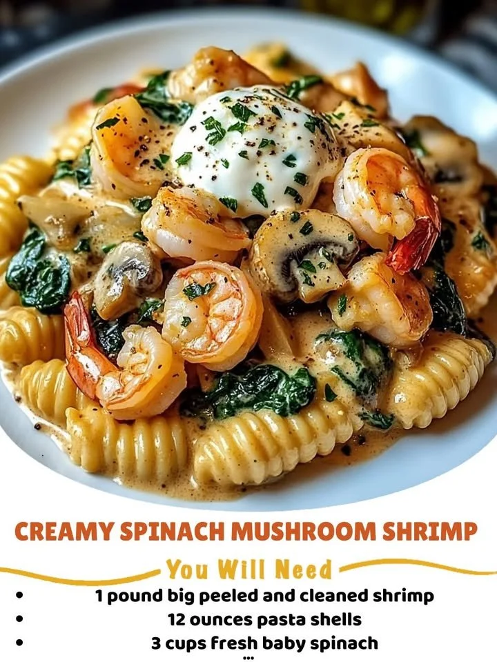 Creamy spinach and mushroom stuffed shrimp shells for a delightful seafood dish.