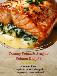 Delicious creamy spinach-stuffed salmon served on a plate with lemon