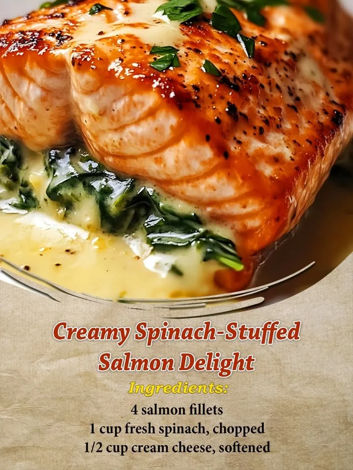 Delicious creamy spinach-stuffed salmon served on a plate with lemon