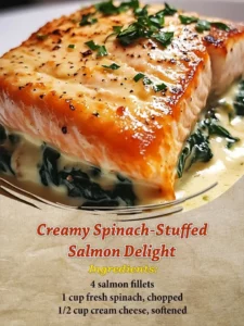 Creamy spinach-stuffed salmon on a plate garnished with herbs