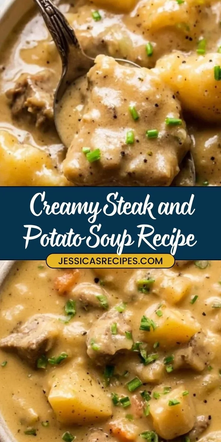 Creamy steak and potato soup in a bowl garnished with herbs