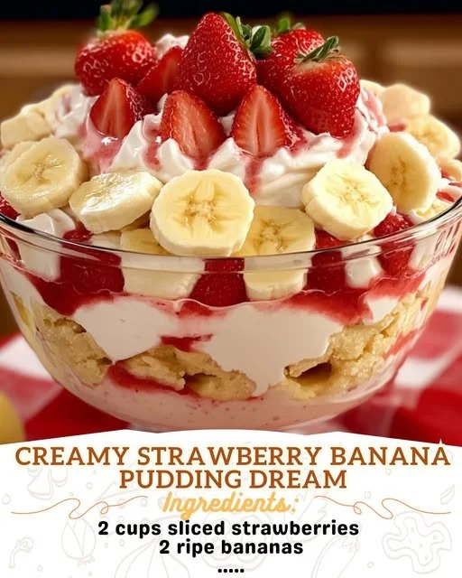 Delicious creamy strawberry banana pudding topped with fresh fruit.