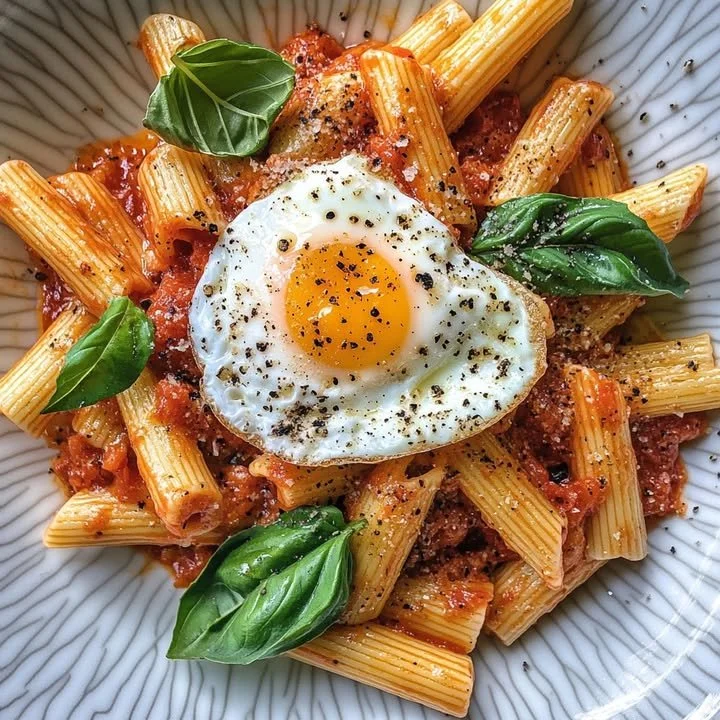 Creamy tomato burrata pasta garnished with fresh basil and parmesan