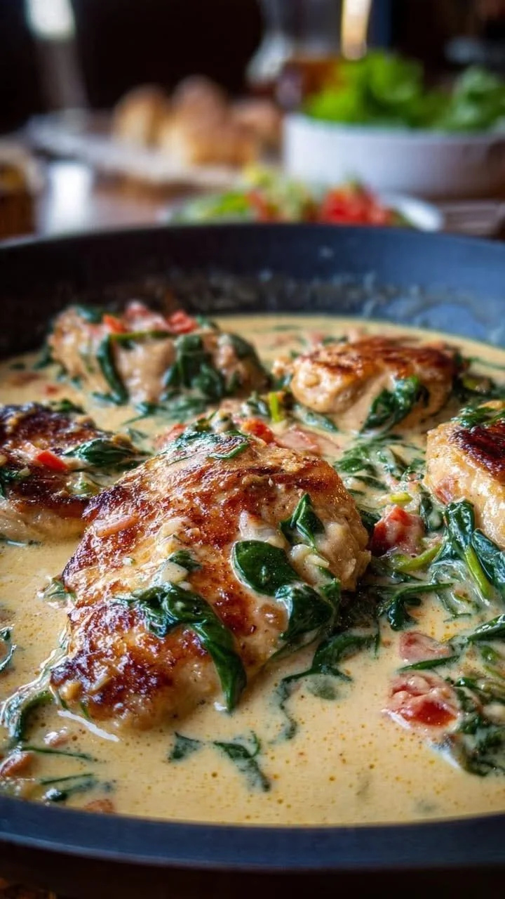 Creamy Tuscan chicken served with fresh herbs and vegetables
