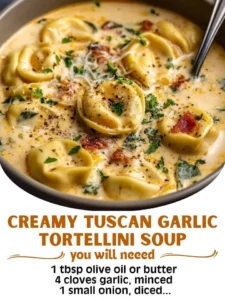 Bowl of creamy Tuscan Garlic Tortellini Soup garnished with herbs