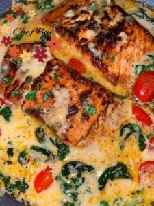 Creamy Tuscan salmon dish garnished with herbs and served on a plate.
