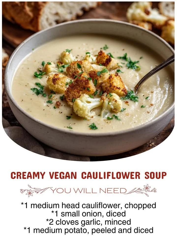 Bowl of creamy vegan cauliflower soup garnished with herbs