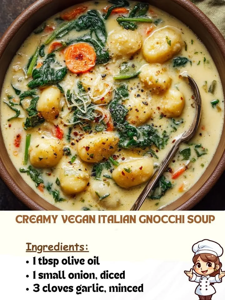 Creamy vegan Italian gnocchi soup in a bowl with fresh herbs