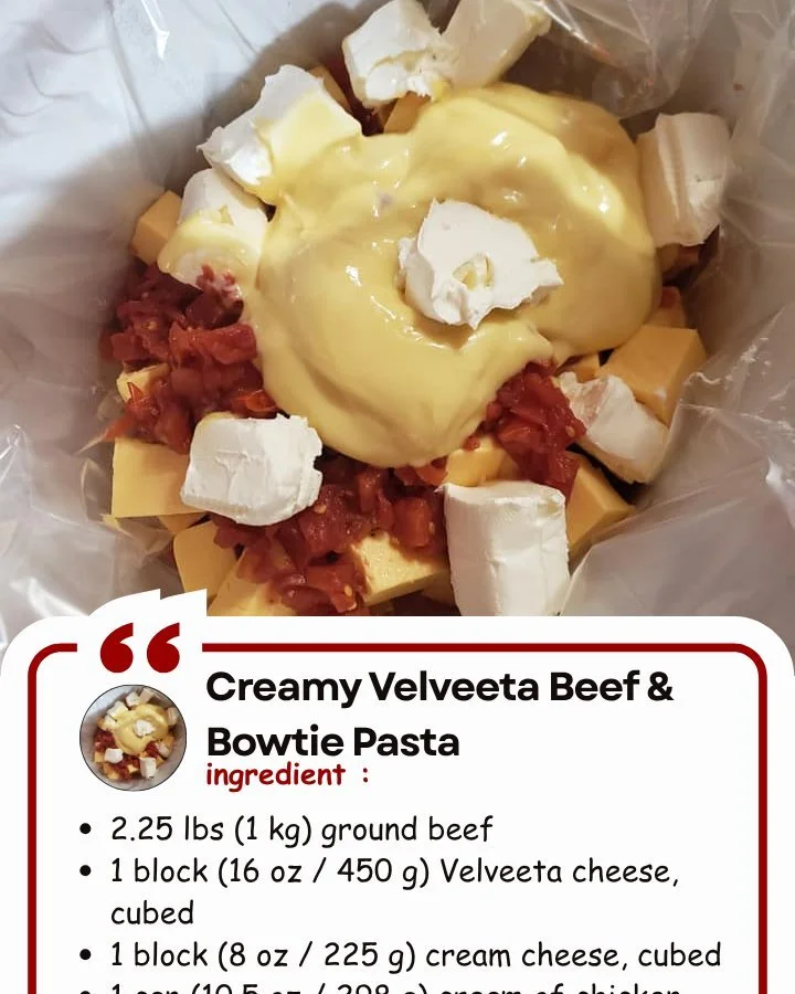 Creamy Velveeta Beef & Bowtie Pasta dish ready to serve