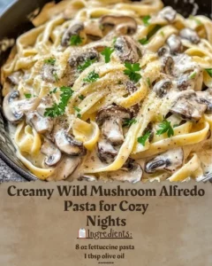 Creamy wild mushroom alfredo pasta topped with herbs and cheese