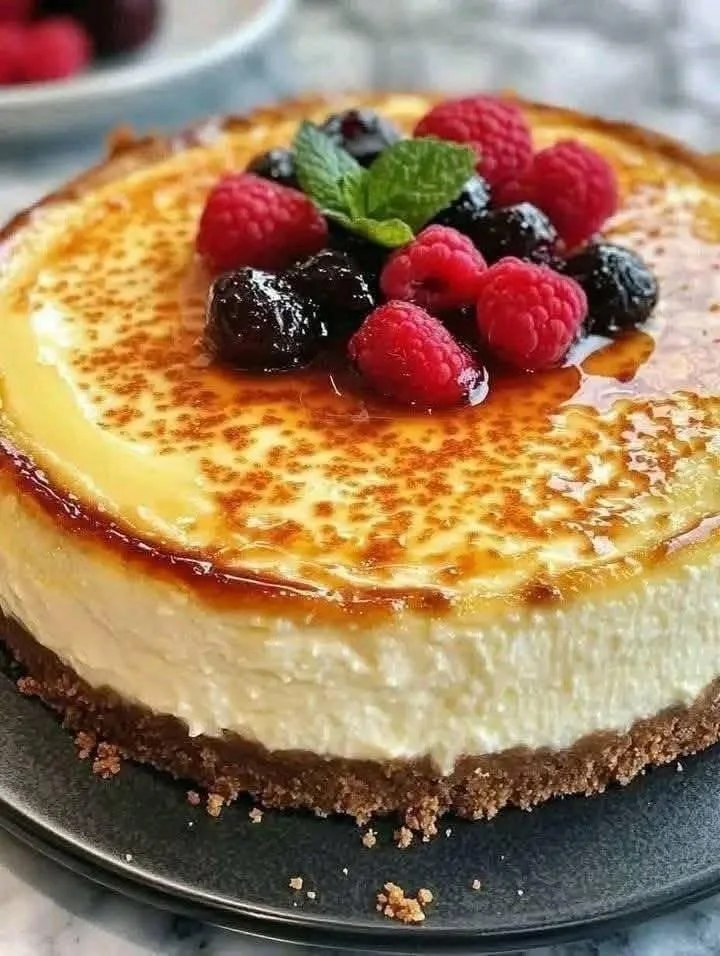 Delicious Crème Brûlée Cheesecake with caramelized sugar topping