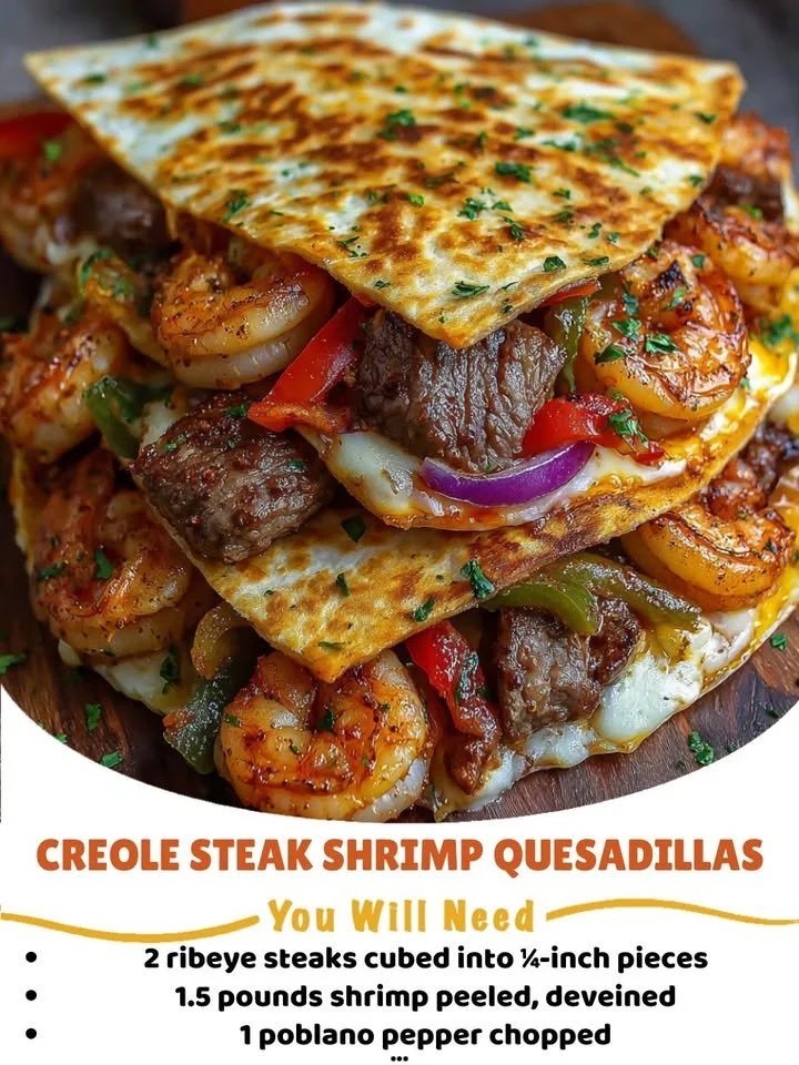 Delicious Creole Steak Shrimp Quesadillas freshly prepared with steak and shrimp.