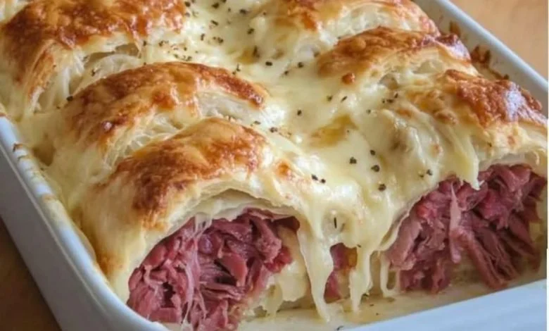 Crescent Reuben Bake with layers of corned beef, sauerkraut, and cheese