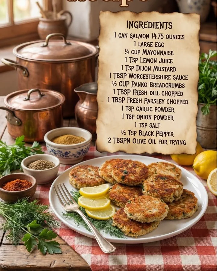 Crispy salmon patties served on a plate with fresh herbs