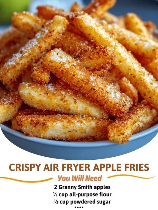 Crispy air fryer apple fries served with a dipping sauce
