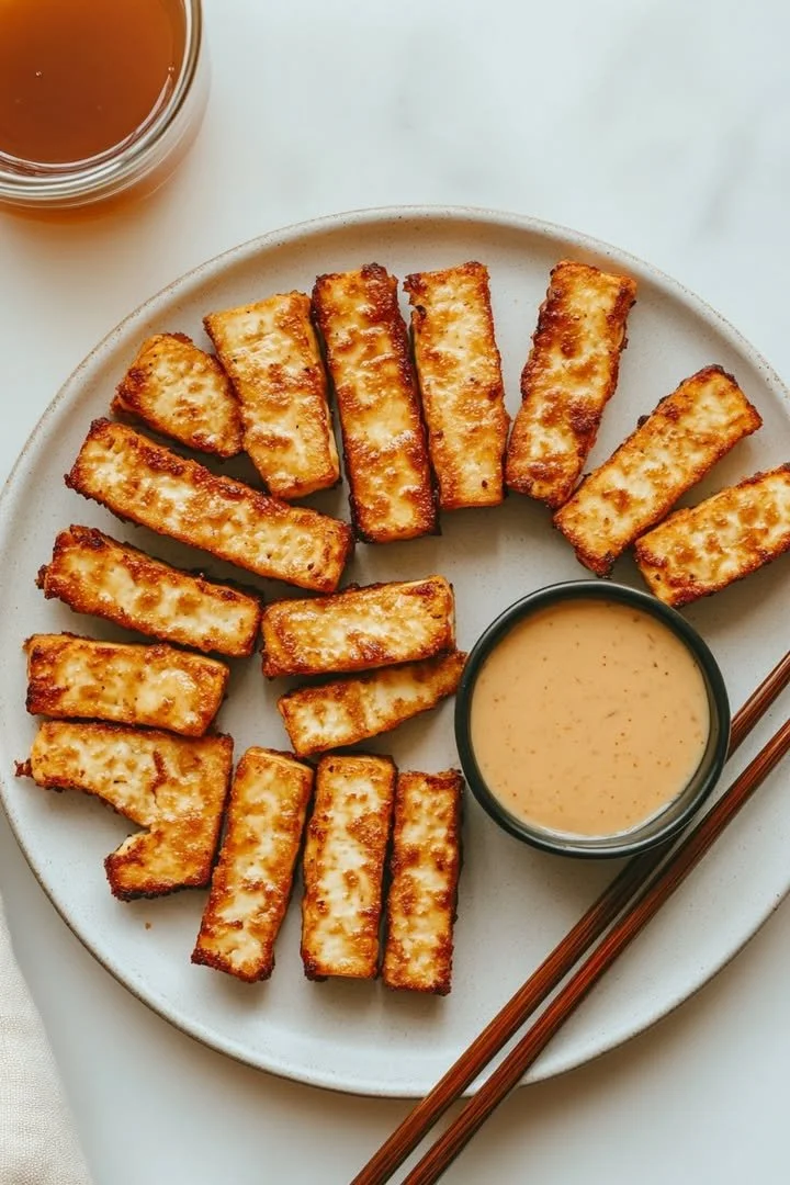 Crispy air fryer tofu served with dipping sauce on a plate