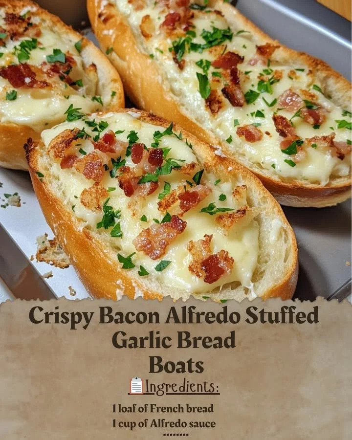Crispy Bacon Alfredo Stuffed Garlic Bread Boats with creamy filling and crispy bacon