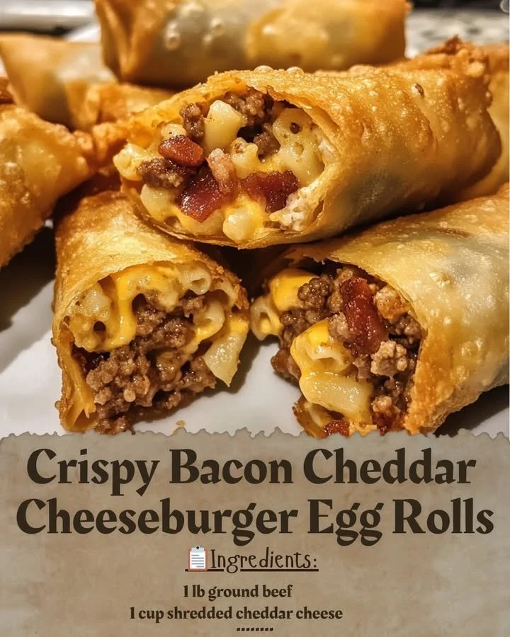 Crispy bacon cheddar cheeseburger egg rolls served on a plate