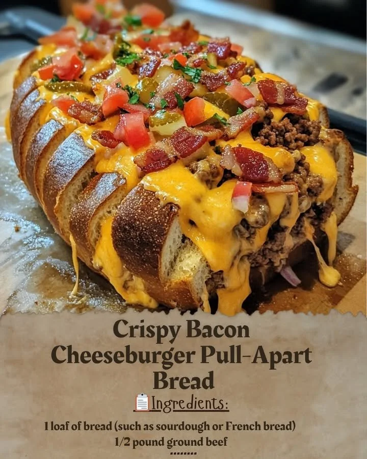 Bacon cheeseburger pull-apart bread topped with crispy bacon and melted cheese