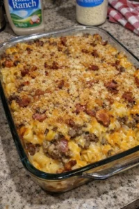 Crispy bacon ranch cheeseburger loaded pasta bake dish