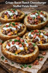 Crispy bacon ranch cheeseburger stuffed potato bombs served on a plate