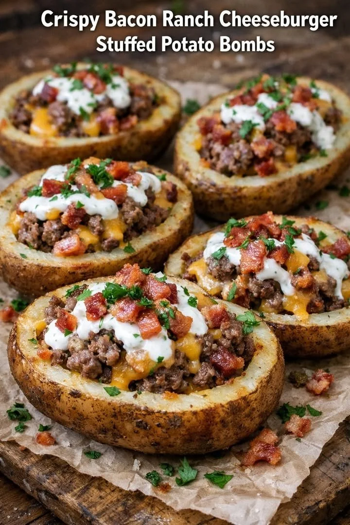 Crispy bacon ranch cheeseburger stuffed potato bombs served on a plate
