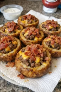 Crispy bacon ranch cheeseburger stuffed tater bombs on a plate