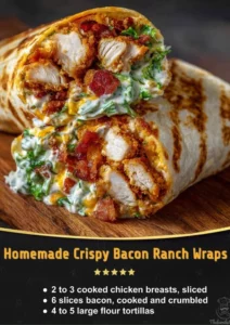 Crispy bacon ranch chicken wraps filled with fresh ingredients and ranch dressing.