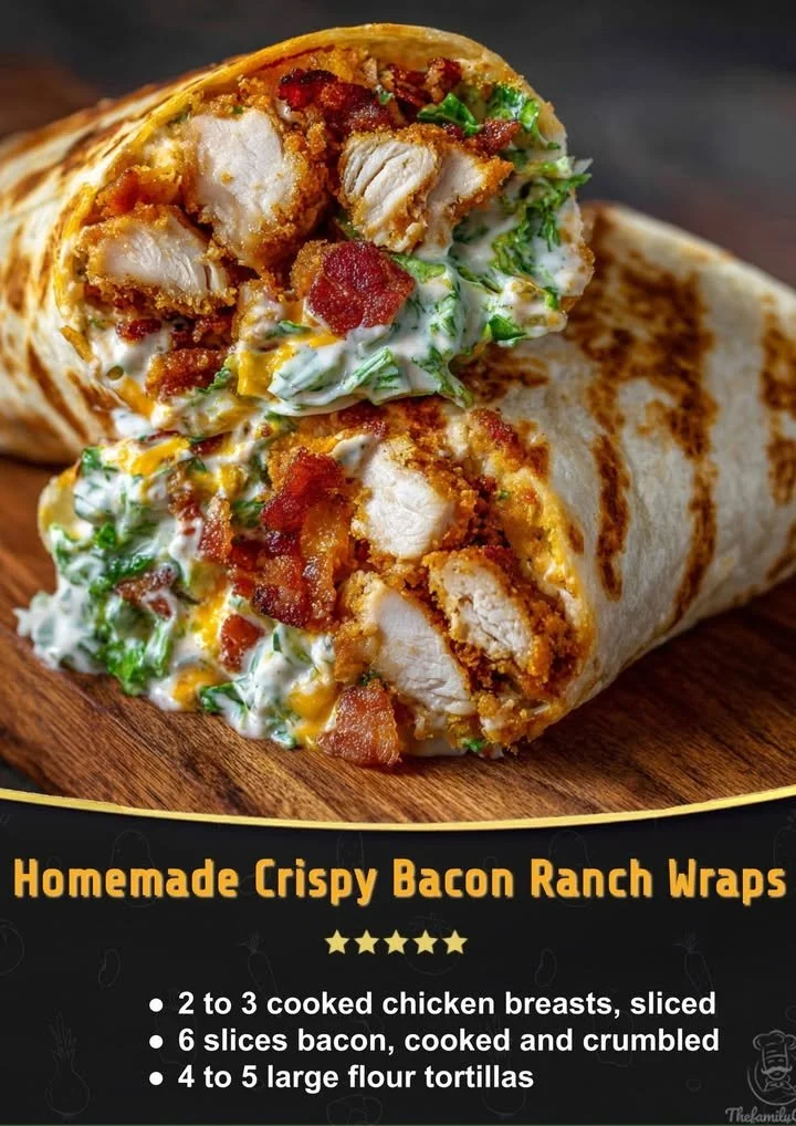 Crispy bacon ranch chicken wraps filled with fresh ingredients and ranch dressing.