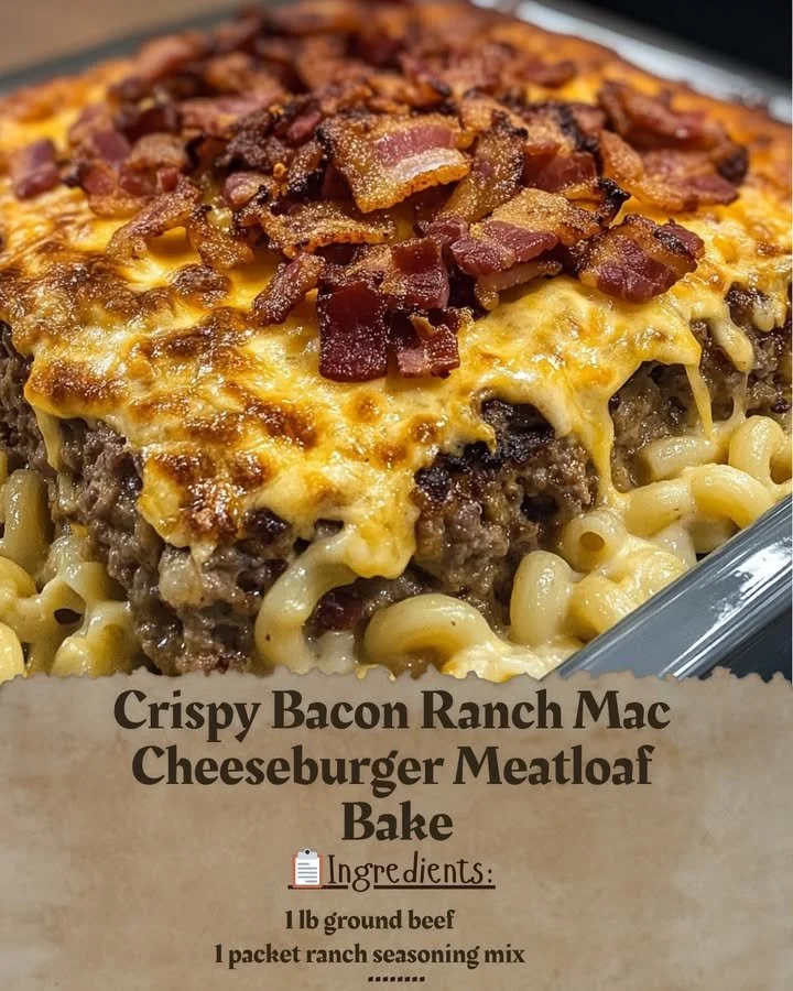 Crispy Bacon Ranch Mac Cheeseburger Meatloaf Bake with toppings