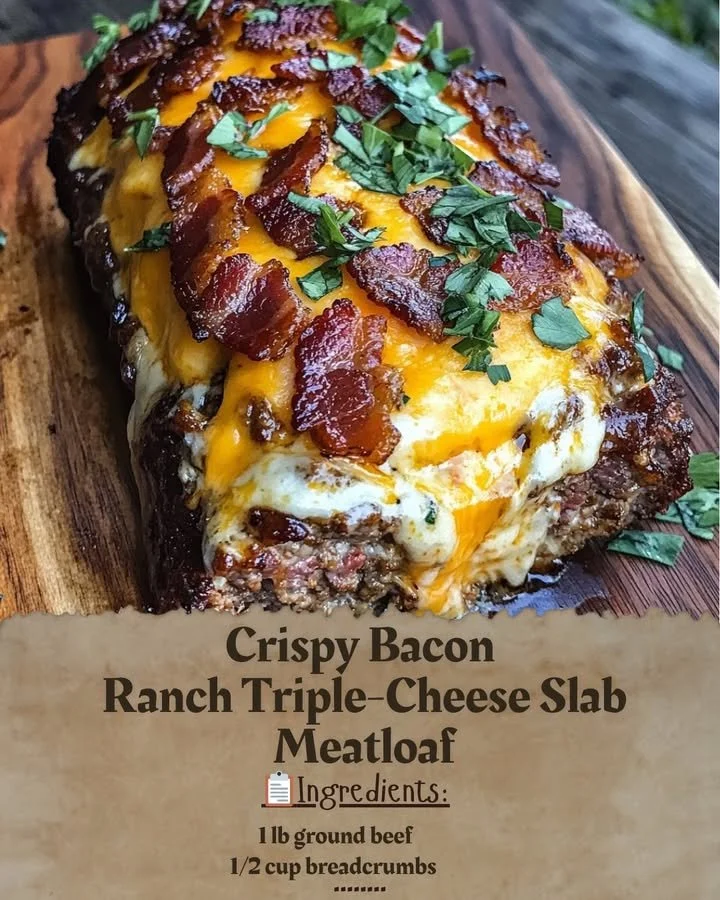 Crispy Bacon Ranch Triple-Cheese Slab Meatloaf served on a rustic wooden board
