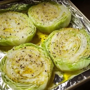 Crispy baked cabbage steaks served on a plate
