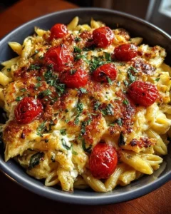 Delicious crispy baked feta pasta with hidden vegetables in a colorful dish