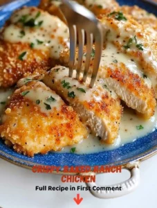 Crispy baked ranch chicken garnished with herbs on a serving platter