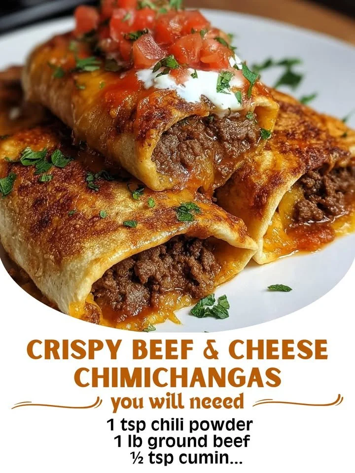 Crispy beef and cheese chimichangas plated with salsa and garnished with cilantro.